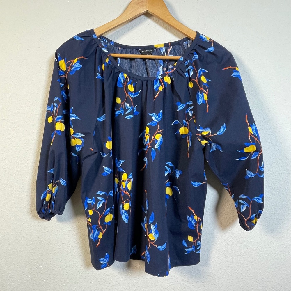 Ann Taylor Lemon Print Blouse Women M Cottagecore Blue Fruit Cotton 3/4 Sleeve